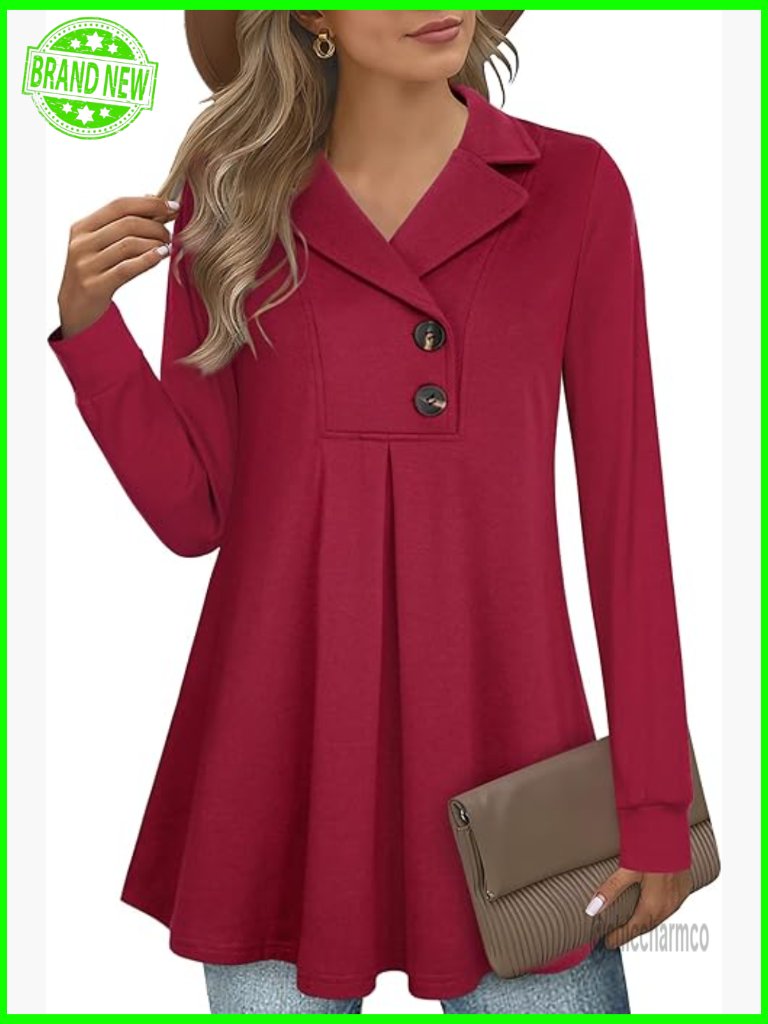 Women's Cotton Blend Tunic Sweatshirt Long Sleeve Button Front Swing Fit